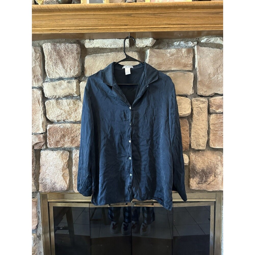 VTG Jillian Jones Womens L 100% Silk Blouse Black Oversized Minimalist Button Up